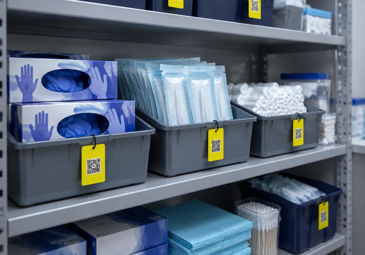Supply shelf with yellow reorder tags on each bin